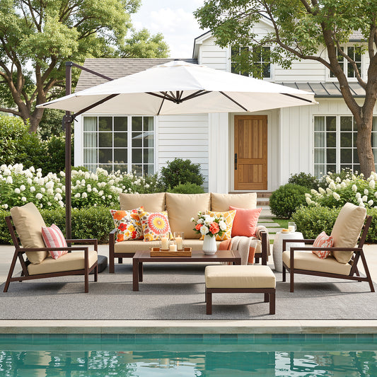 Aluminum 5 Piece Outdoor Patio Furniture Set w/ Coffee Table & Ottoman