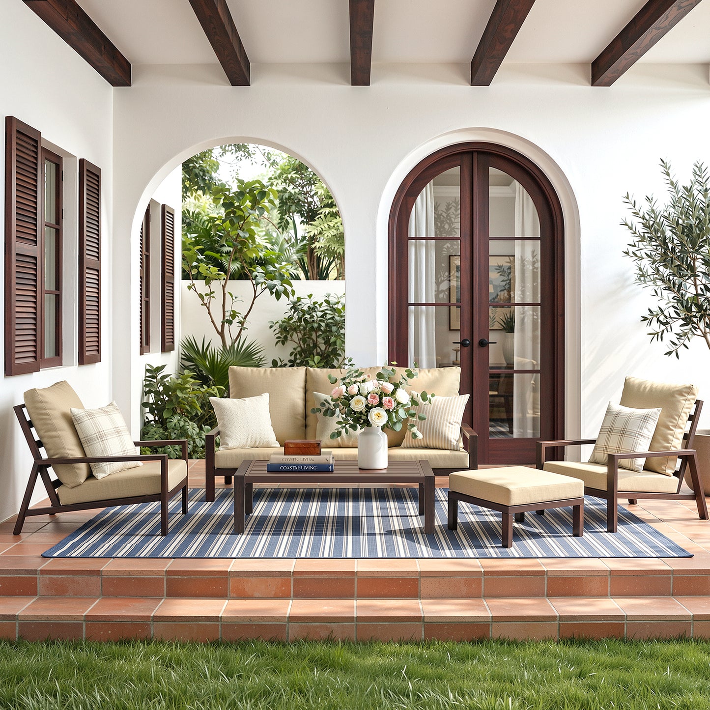Aluminum 5 Piece Outdoor Patio Furniture Set w/ Coffee Table & Ottoman
