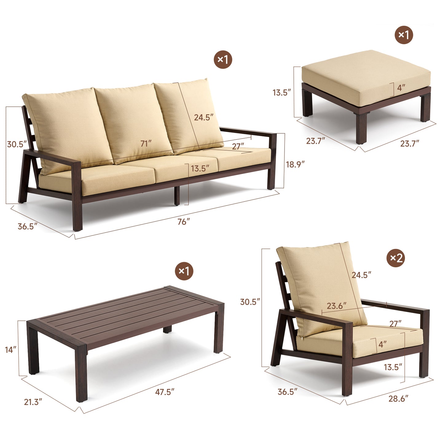 Aluminum 5 Piece Outdoor Patio Furniture Set w/ Coffee Table & Ottoman
