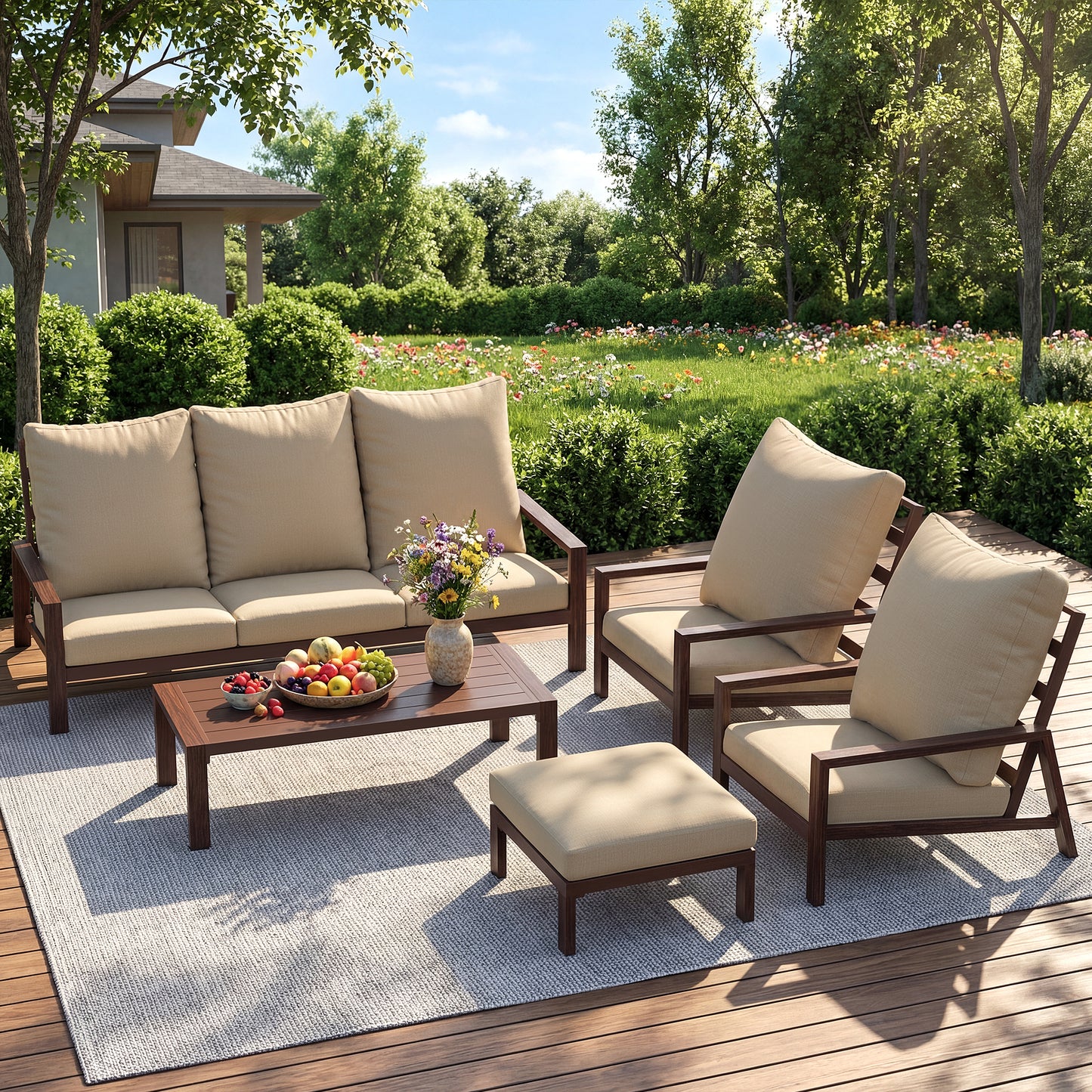 Aluminum 5 Piece Outdoor Patio Furniture Set w/ Coffee Table & Ottoman