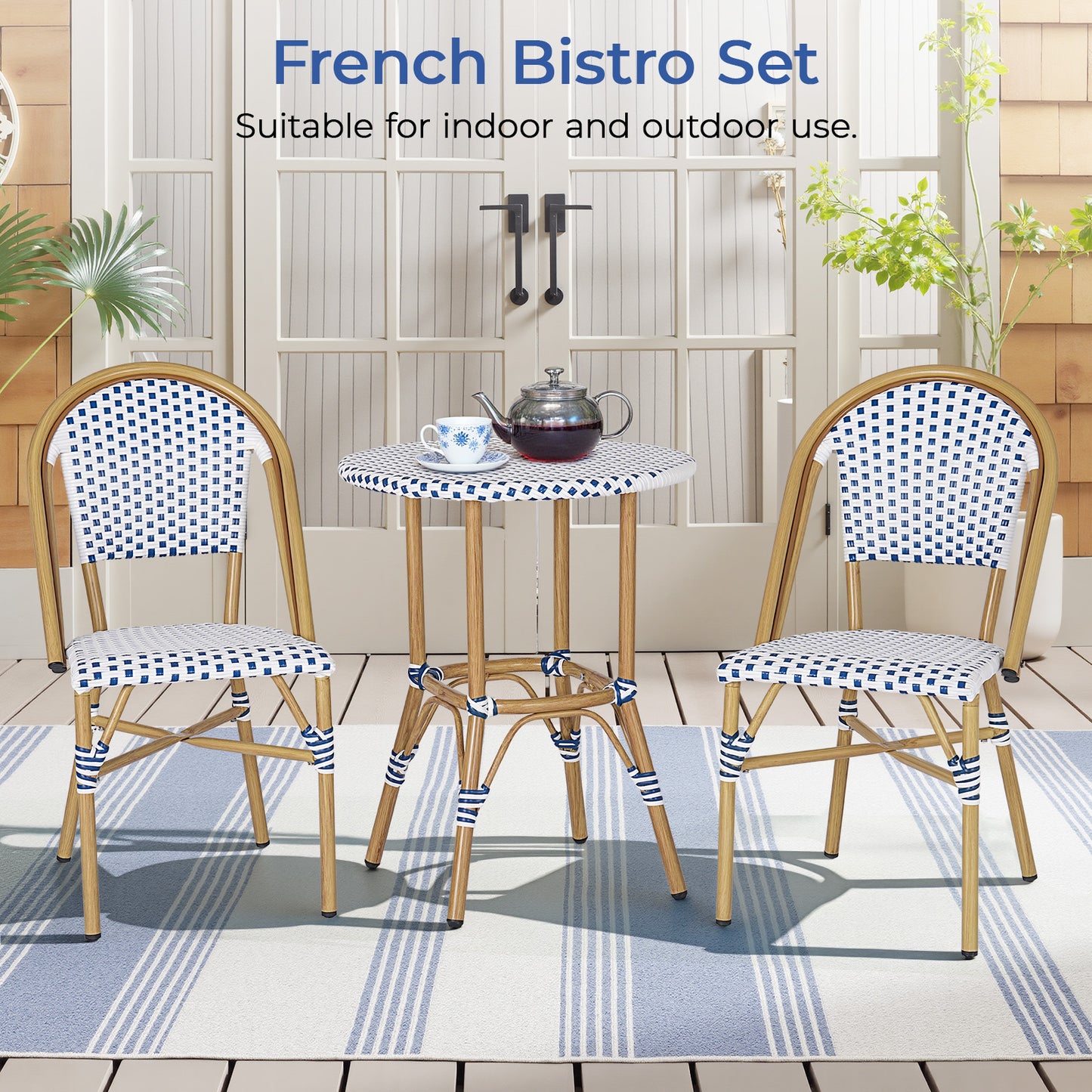 3 Piece French Bistro Set, Aluminum Rattan Furniture Conversation Set