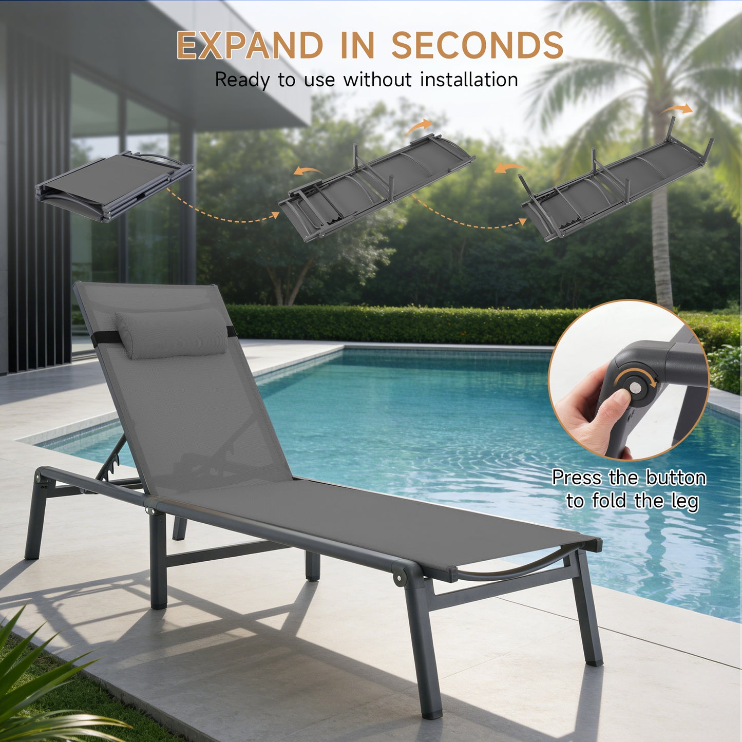 Aluminum Foldable Outdoor Patio Chaise Lounge Chairs Set of 2, Gray