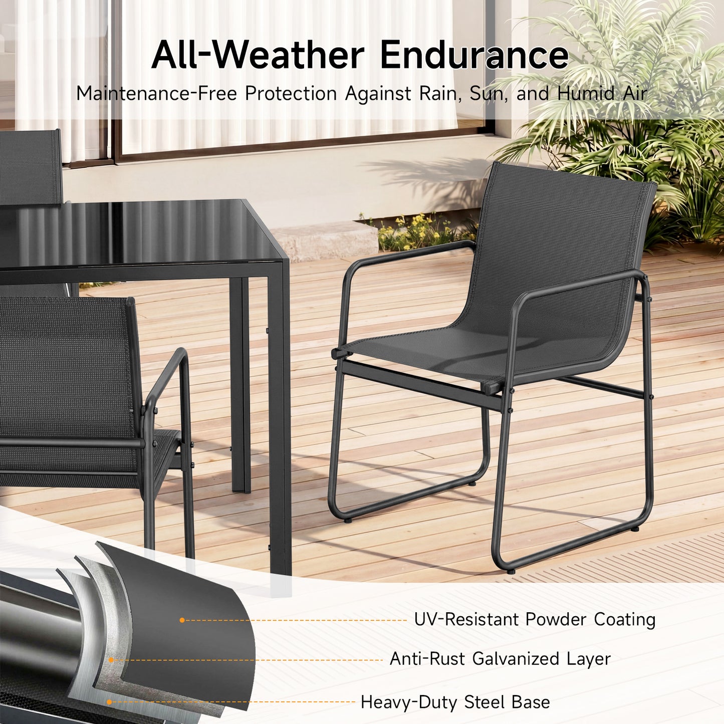 7 Piece Patio Dining Set with Glass Table and 6 Textilene Chairs,Black