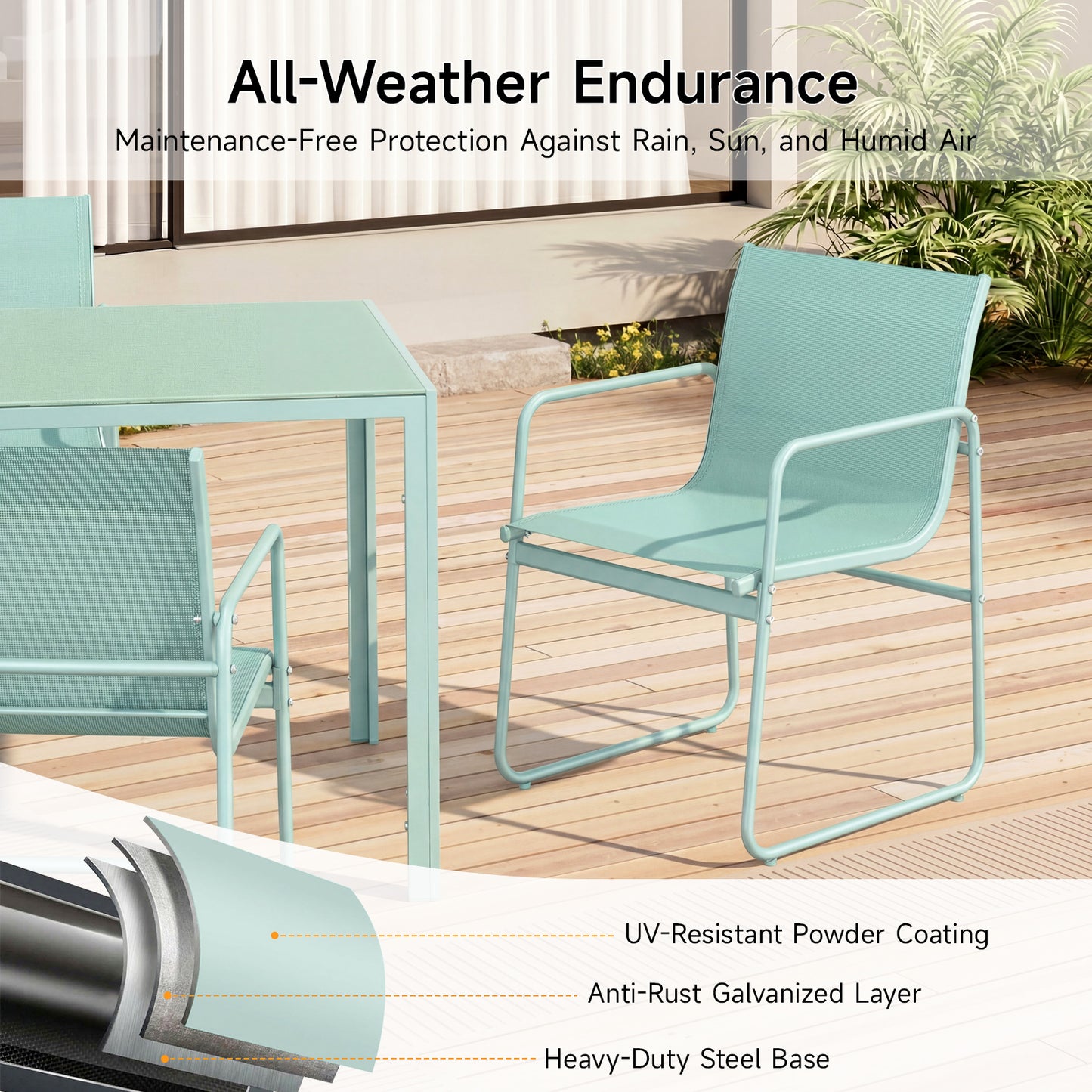 7 Piece Patio Dining Set with Glass Table and 6 Textilene Chairs,Green