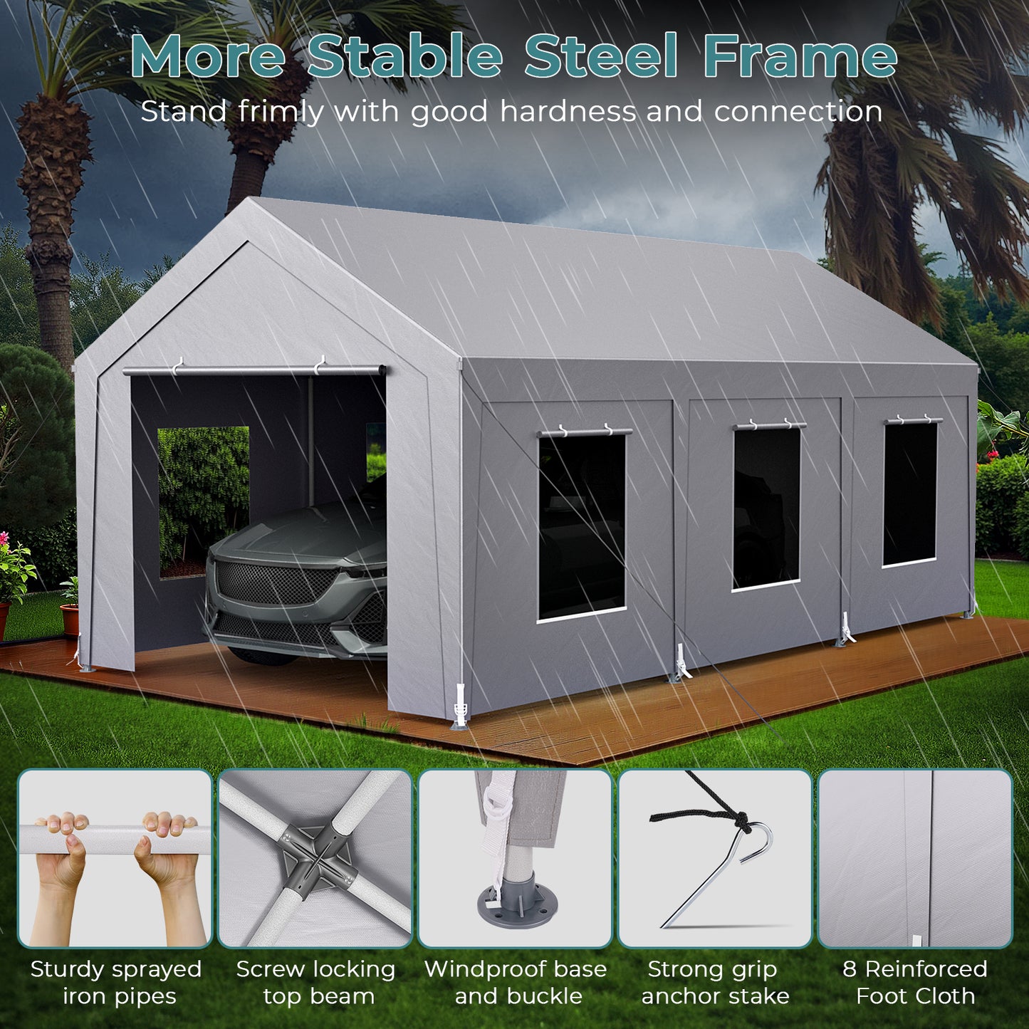 10'x20' Heavy Duty Carport with 6 Roll-up Mesh Windows & Rolling Door