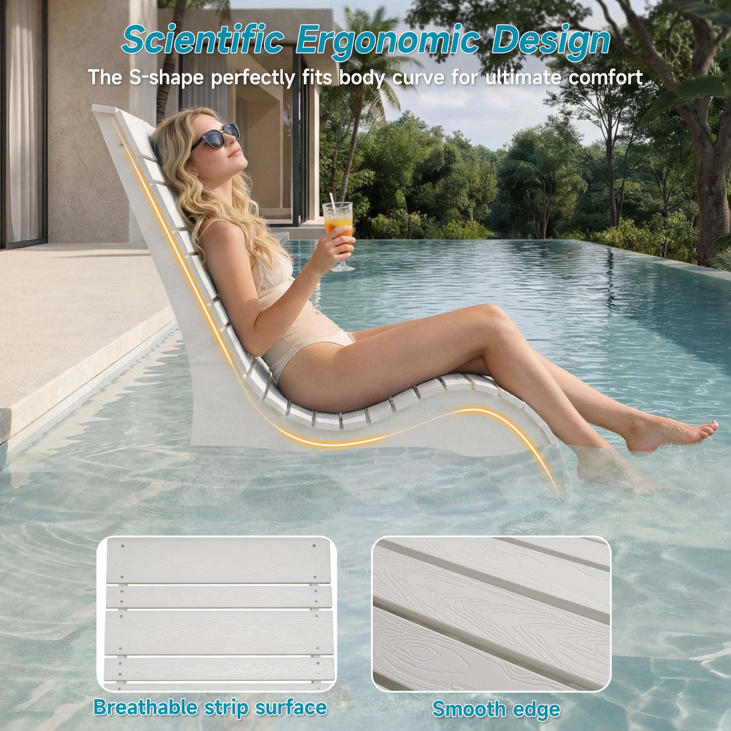 HDPS In Pool Lounge Chairs Set of 2, Waterproof Pool Chairs, White