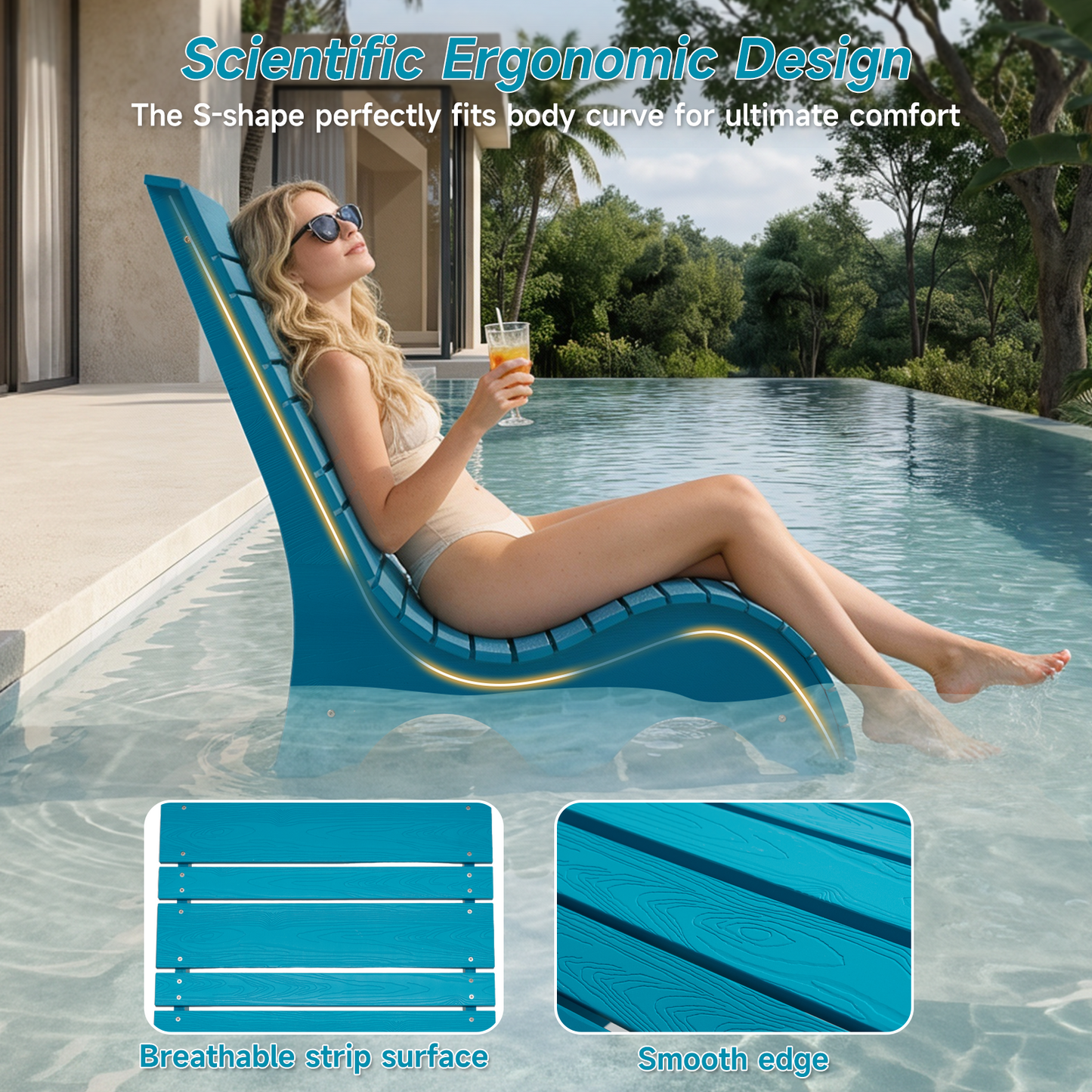 HDPS In Pool Lounge Chairs Set of 2, Waterproof Pool Chairs, Blue