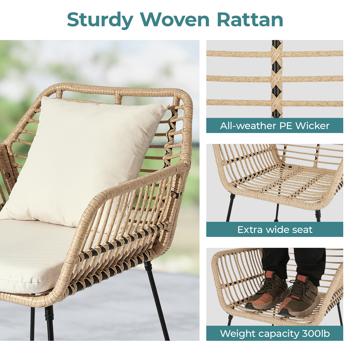 3 Piece Outdoor Wicker Bistro Set, Rattan Patio Furniture Conversation Set