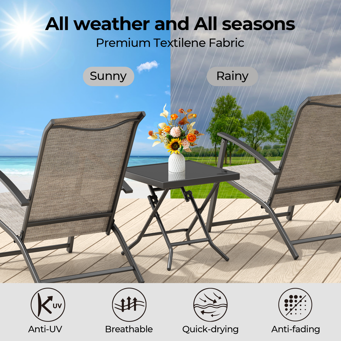 3 Piece No Assembly Folding Adirondack Chairs Set of 2 with Side Table