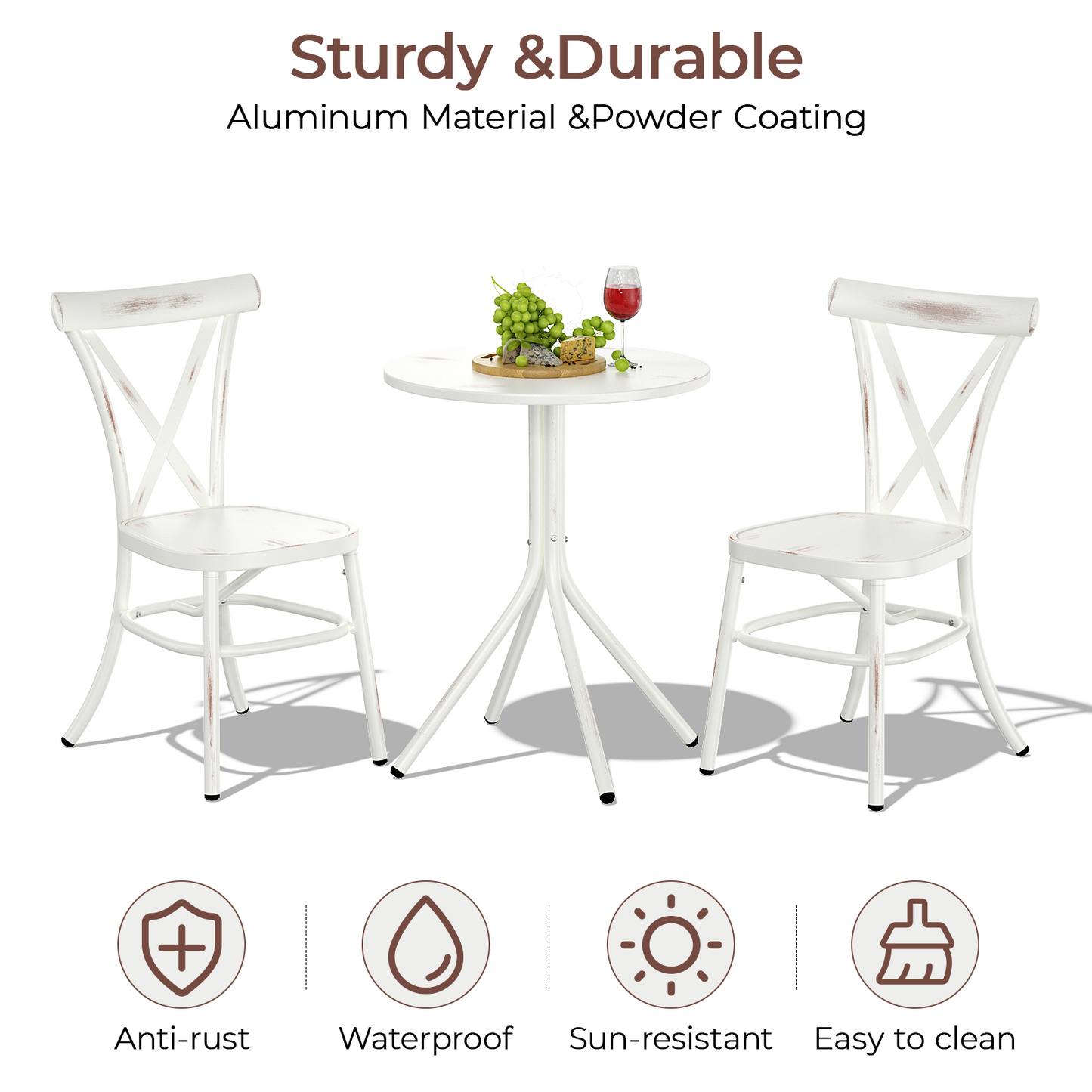 3 Piece Aluminum Bistro Set, Round Coffee Table Stackable Bistro Chair