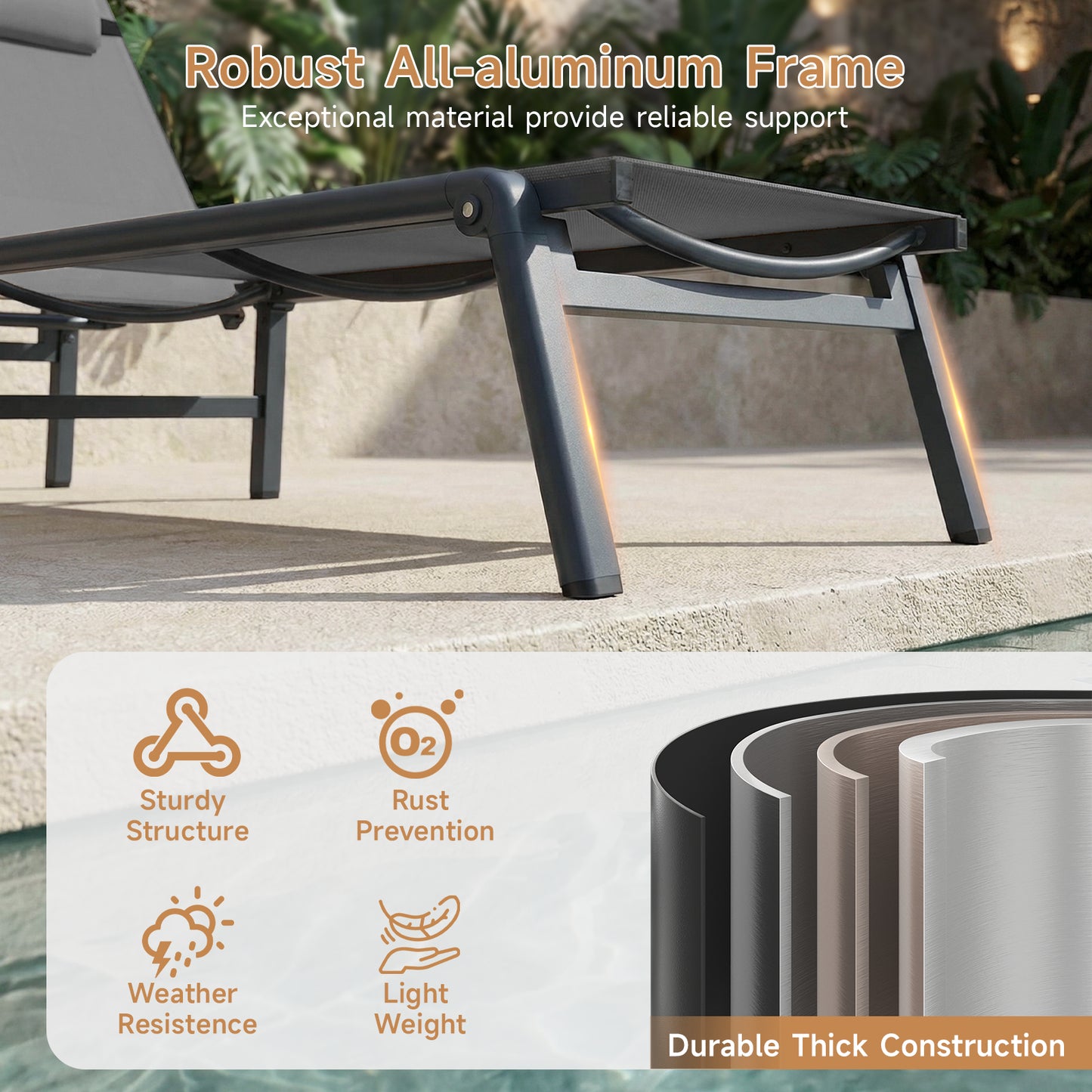 Aluminum Foldable Outdoor Patio Chaise Lounge Chairs Set of 2, Gray