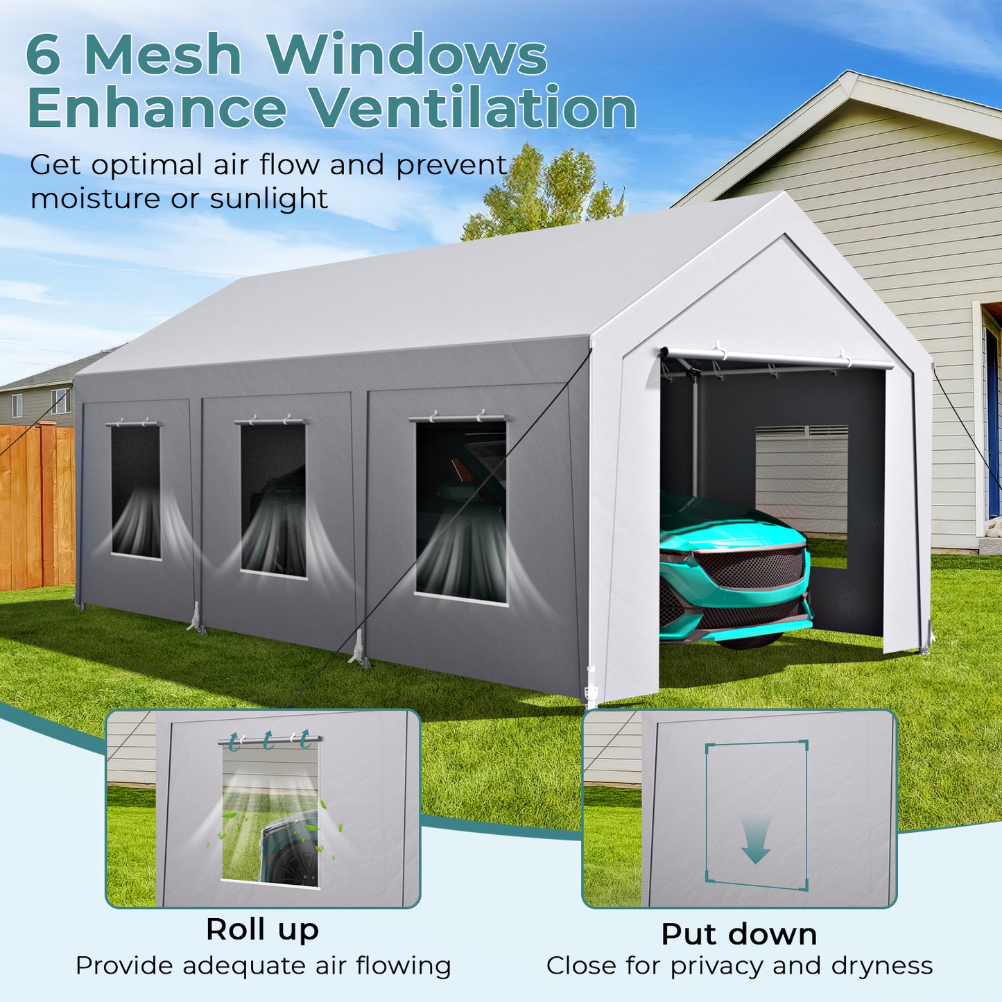 10'x20' Heavy Duty Carport with 6 Roll-up Mesh Windows & Rolling Door