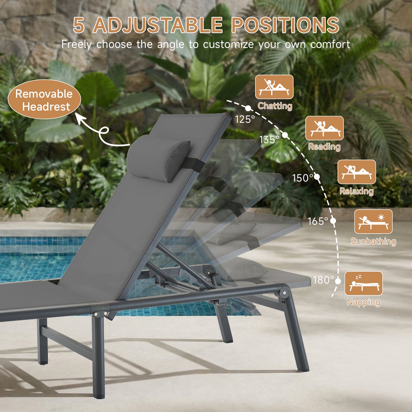 Aluminum Foldable Outdoor Patio Chaise Lounge Chairs Set of 2, Gray