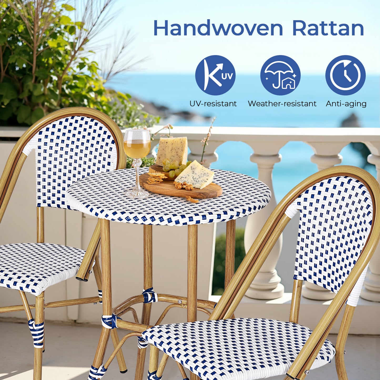 3 Piece French Bistro Set, Aluminum Rattan Furniture Conversation Set