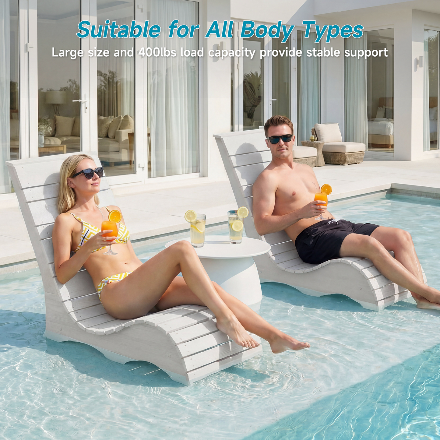 HDPS In Pool Lounge Chairs Set of 2, Waterproof Pool Chairs, White