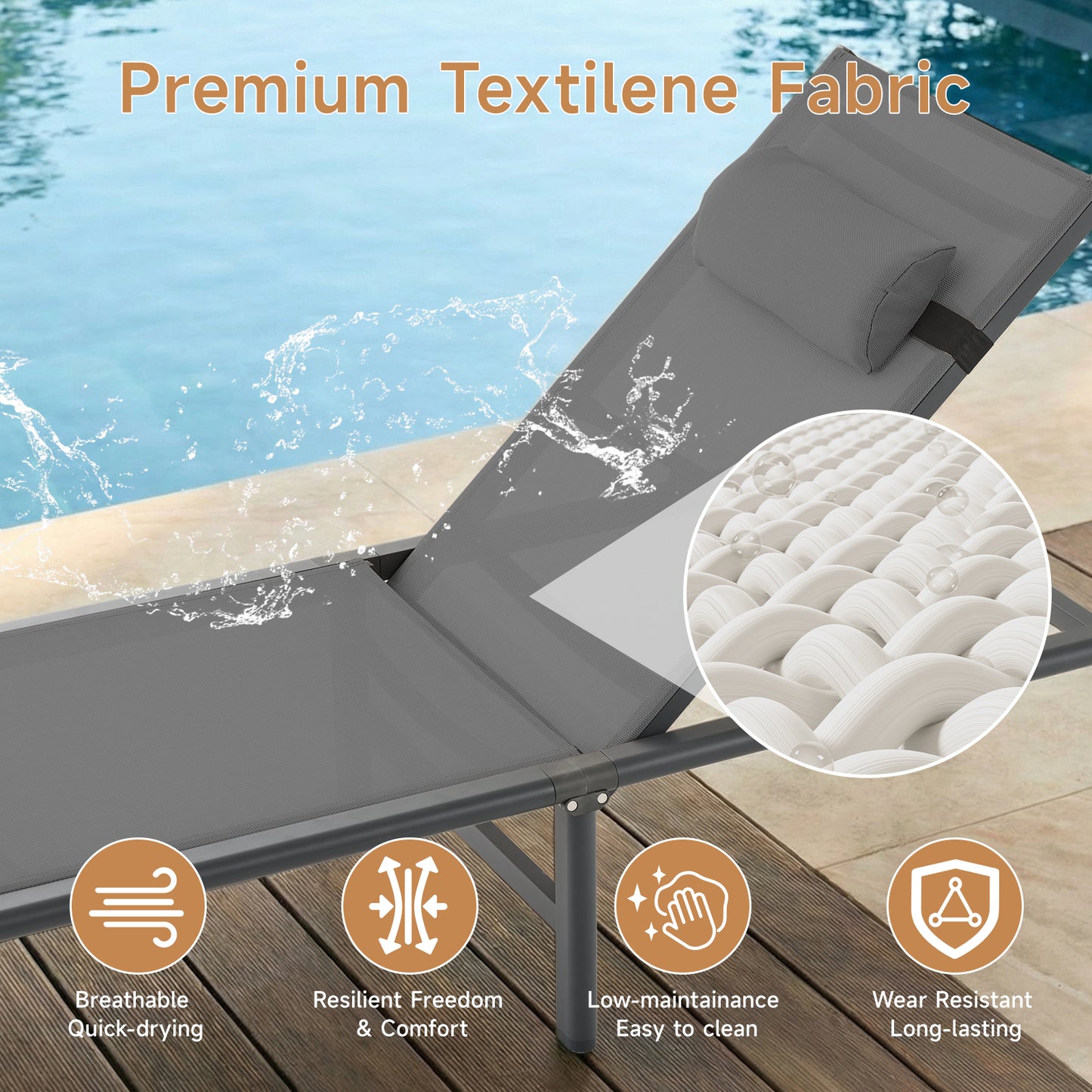 Aluminum Foldable Outdoor Patio Chaise Lounge Chairs Set of 2, Gray
