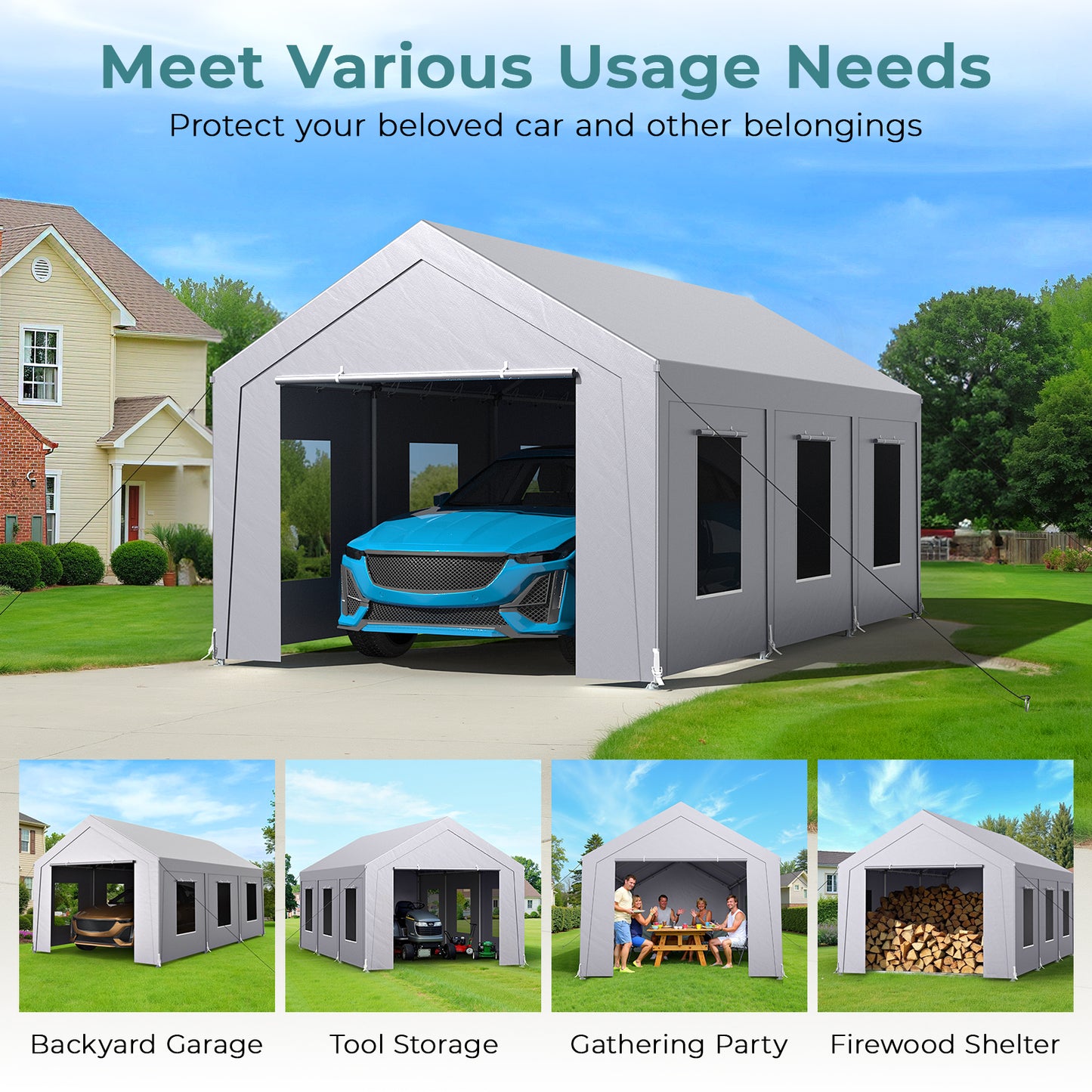 10'x20' Heavy Duty Carport with 6 Roll-up Mesh Windows & Rolling Door