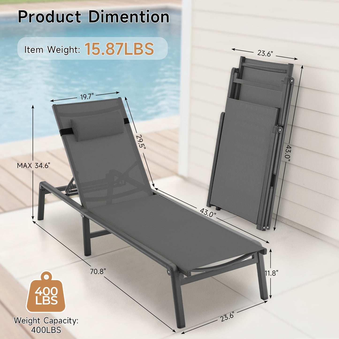 Aluminum Foldable Outdoor Patio Chaise Lounge Chairs Set of 2, Gray