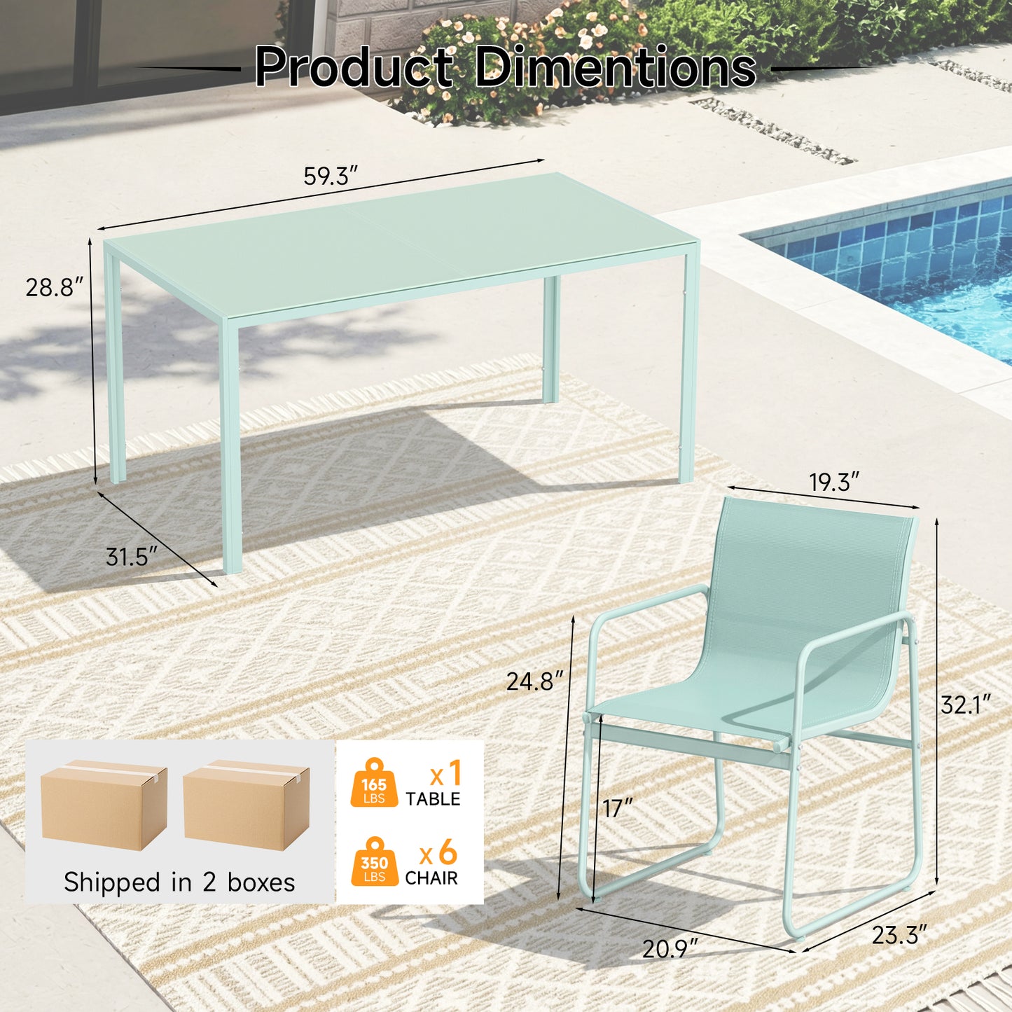 7 Piece Patio Dining Set with Glass Table and 6 Textilene Chairs,Green