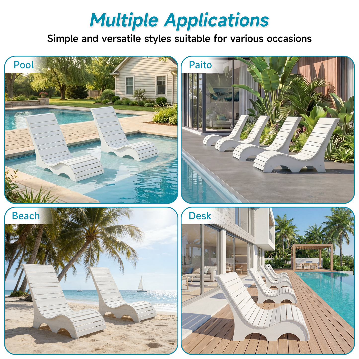 HDPS In Pool Lounge Chairs Set of 2, Waterproof Pool Chairs, White