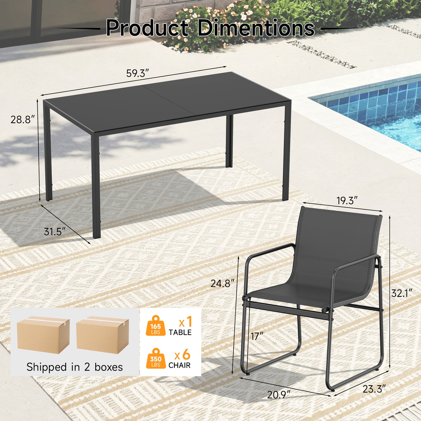7 Piece Patio Dining Set with Glass Table and 6 Textilene Chairs,Black