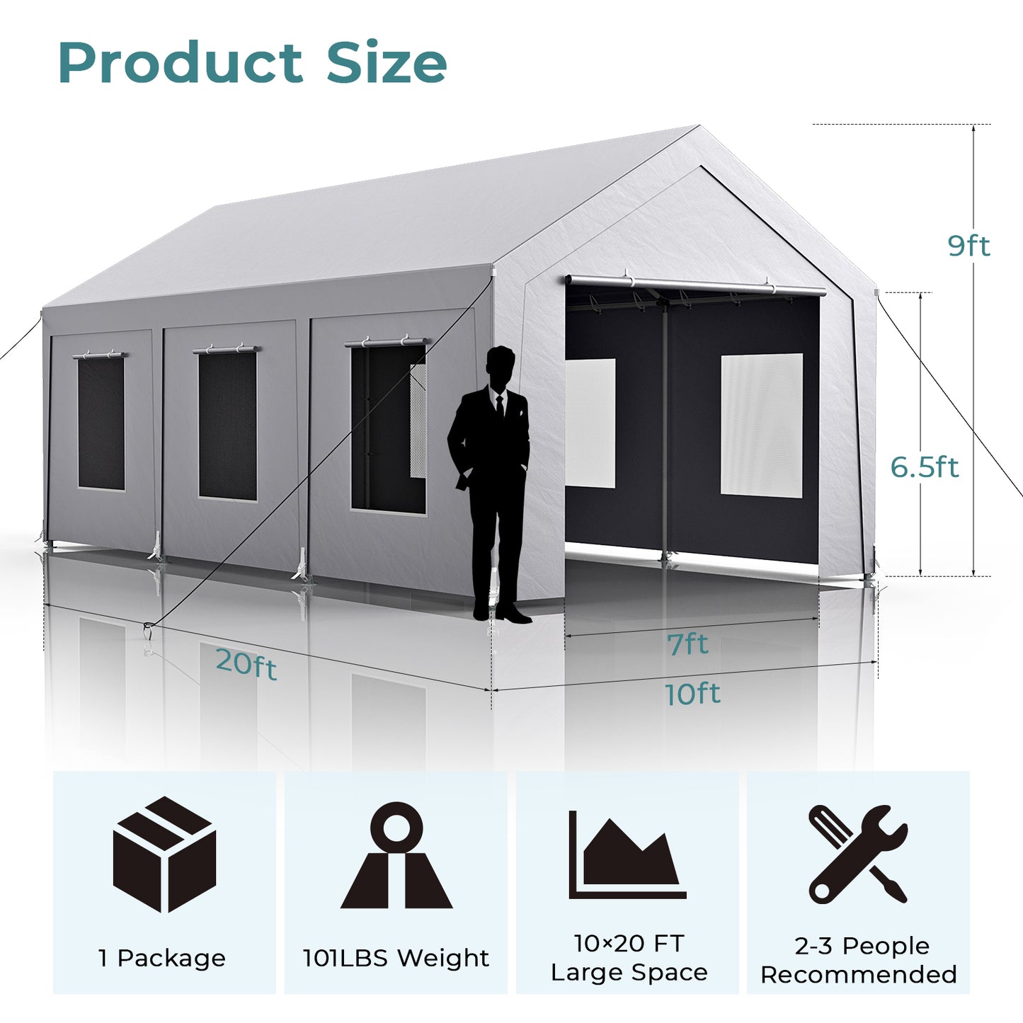 10'x20' Heavy Duty Carport with 6 Roll-up Mesh Windows & Rolling Door