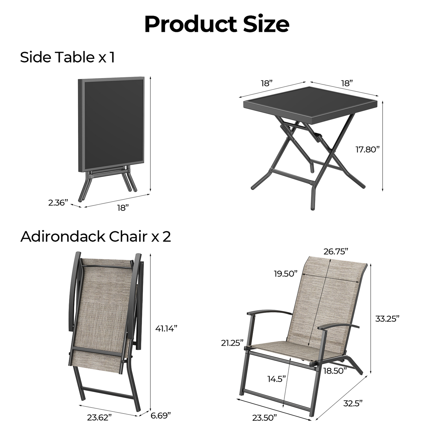 3 Piece No Assembly Folding Adirondack Chairs Set of 2 with Side Table