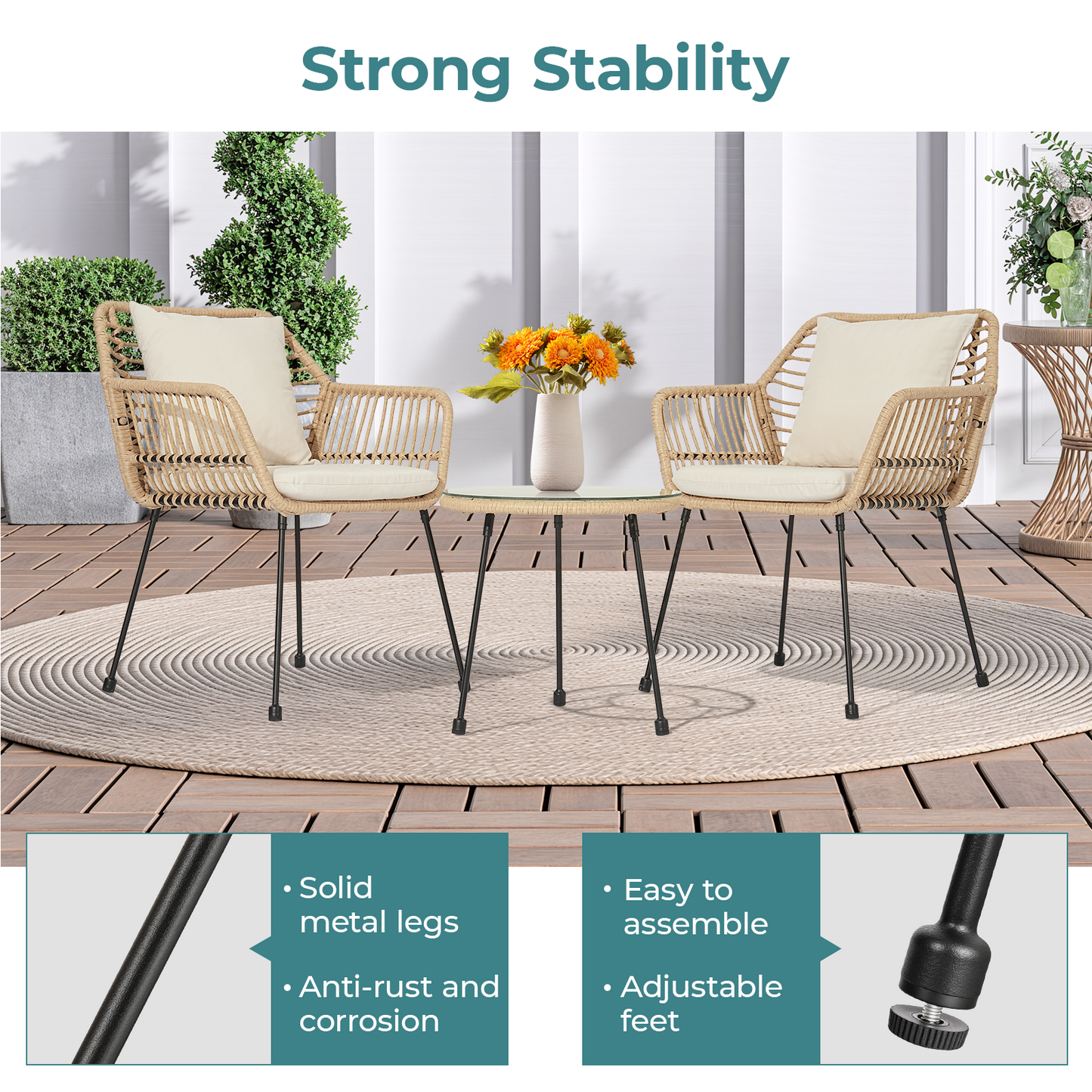 3 Piece Outdoor Wicker Bistro Set, Rattan Patio Furniture Conversation Set