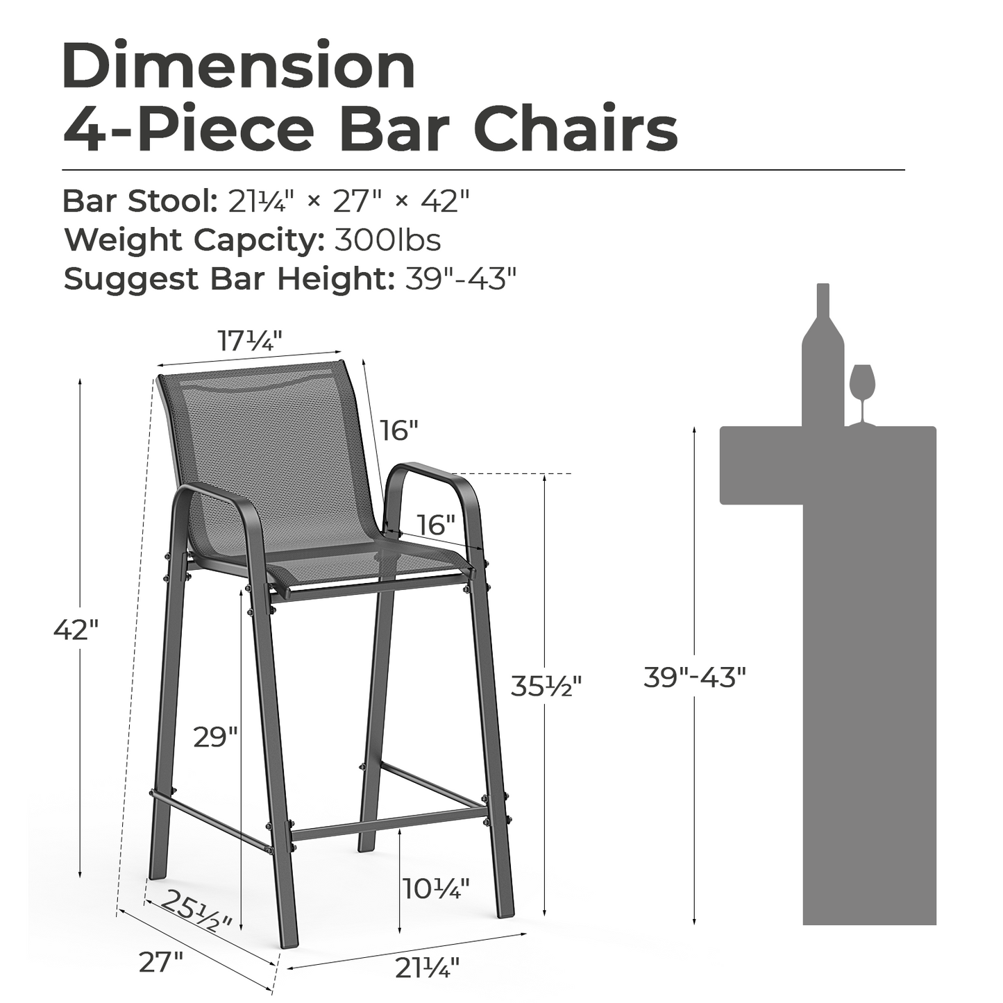 4 Piece Outdoor Textilene Bar Chairs, Bar Height Patio Bar Stools