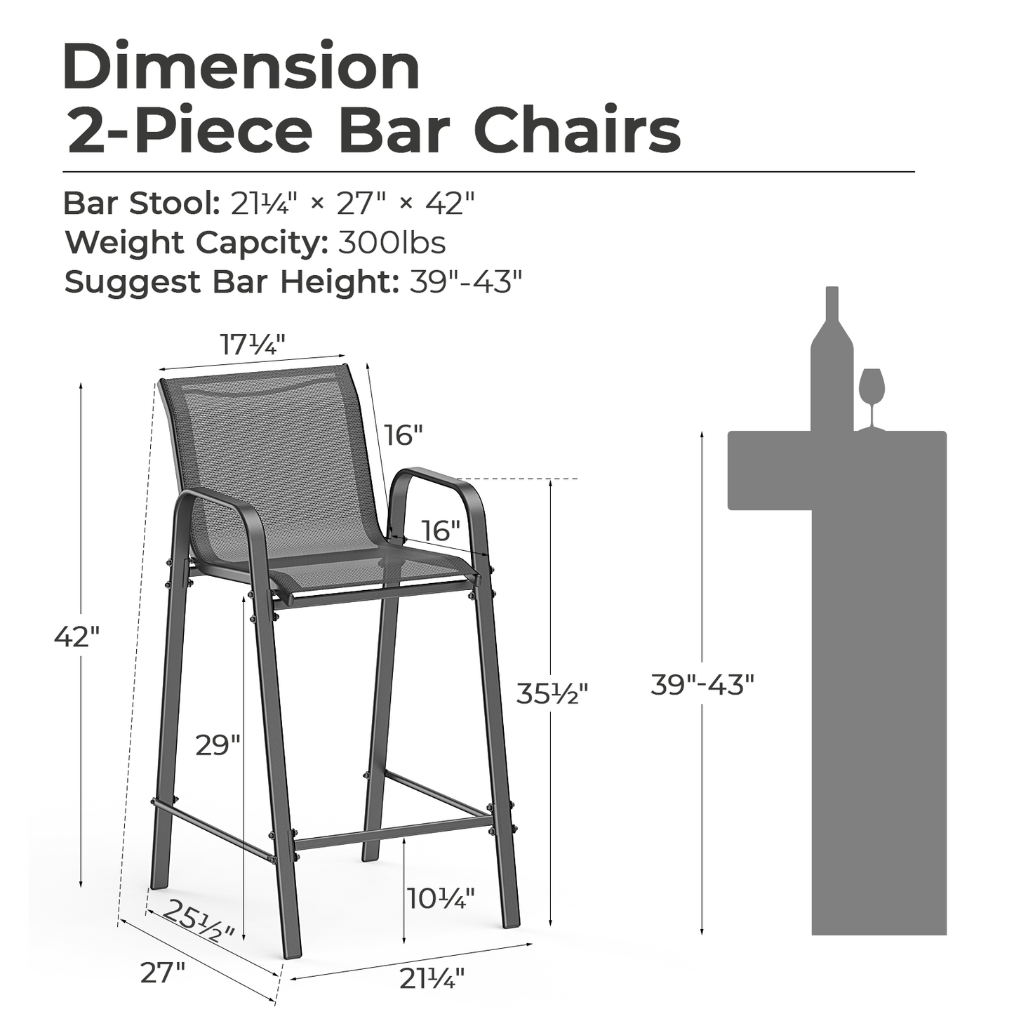 2 Piece Outdoor Textilene Bar Chairs, Bar Height Patio Bar Stools