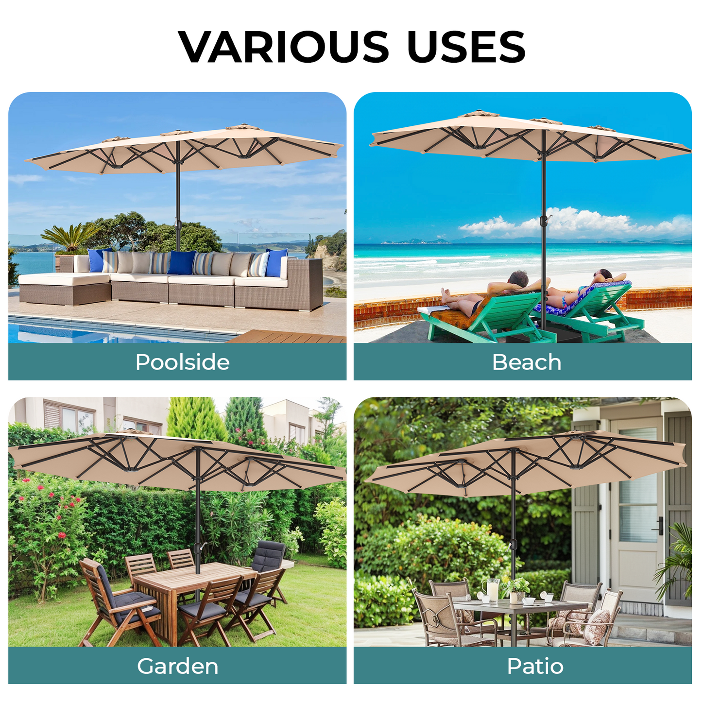 15ft Extra Large Double-Sided Patio Umbrella, 12 Ribs Table Umbrella