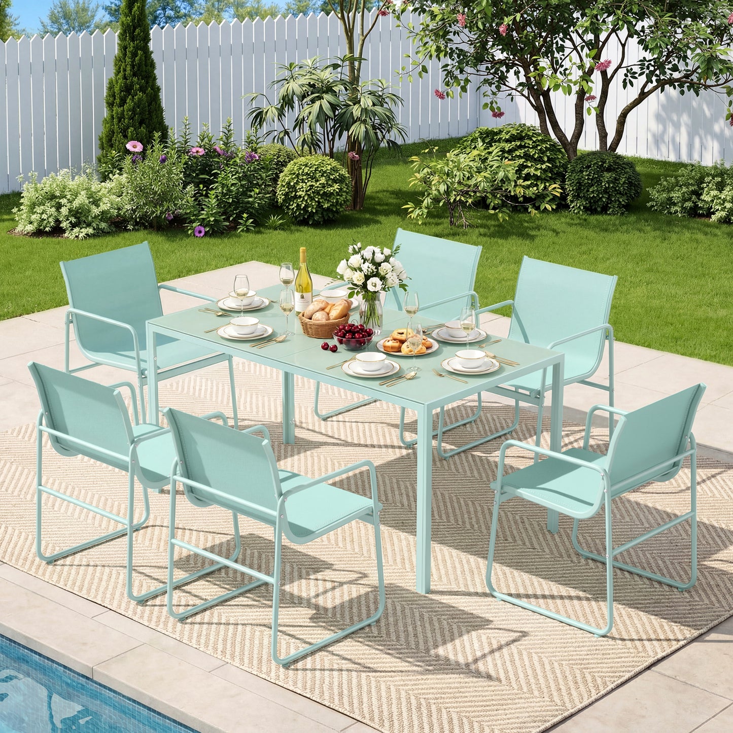 7 Piece Patio Dining Set with Glass Table and 6 Textilene Chairs,Green