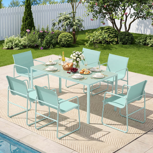 7 Piece Patio Dining Set with Glass Table and 6 Textilene Chairs,Green