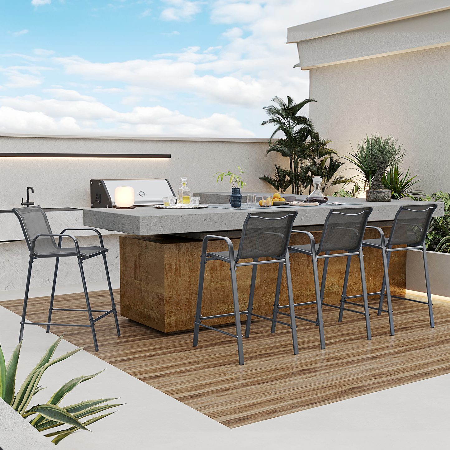 4 Piece Outdoor Textilene Bar Chairs, Bar Height Patio Bar Stools