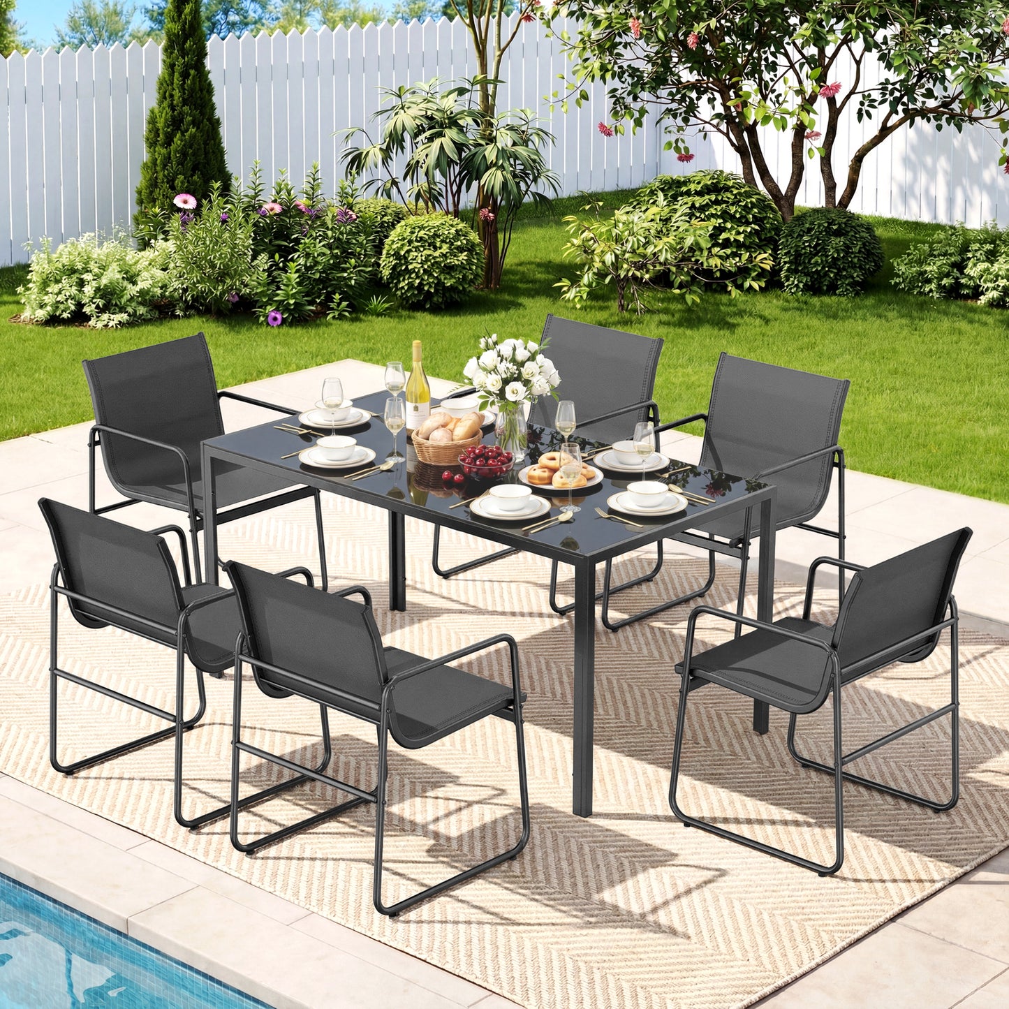 7 Piece Patio Dining Set with Glass Table and 6 Textilene Chairs,Black