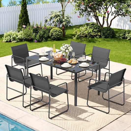 7 Piece Patio Dining Set with Glass Table and 6 Textilene Chairs,Black