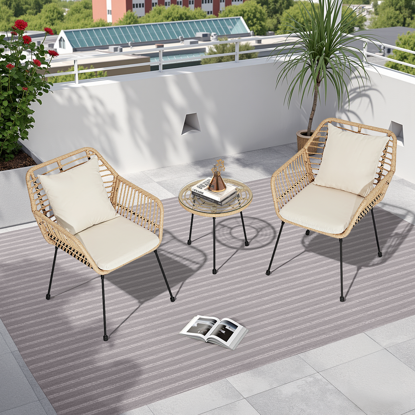 3 Piece Outdoor Wicker Bistro Set, Rattan Patio Furniture Conversation Set
