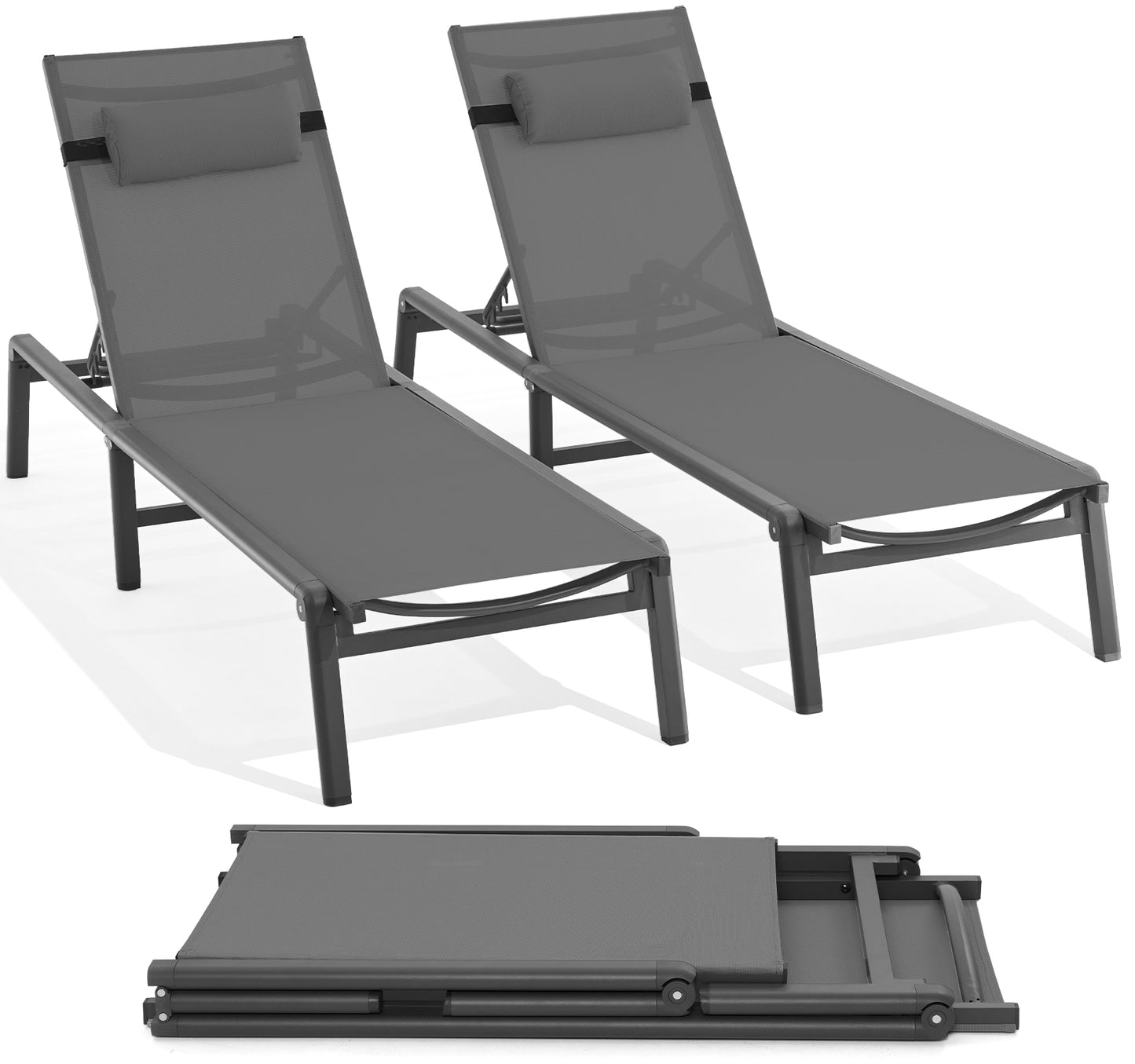 Aluminum Foldable Outdoor Patio Chaise Lounge Chairs Set of 2, Gray