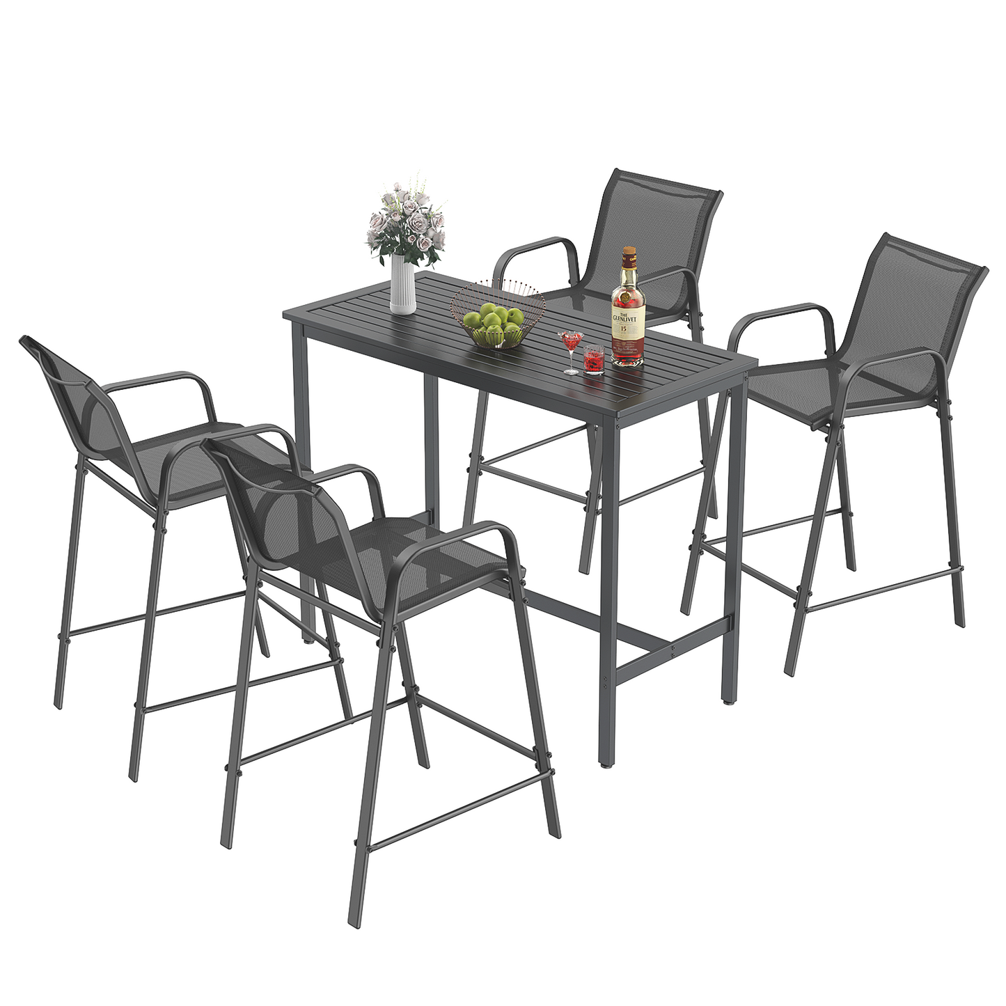 4 Piece Outdoor Textilene Bar Chairs, Bar Height Patio Bar Stools