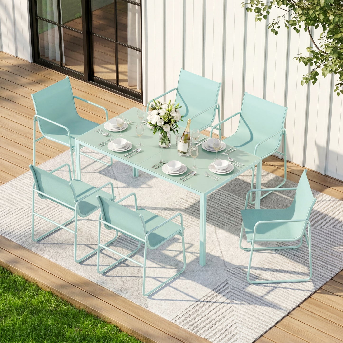 7 Piece Patio Dining Set with Glass Table and 6 Textilene Chairs,Green