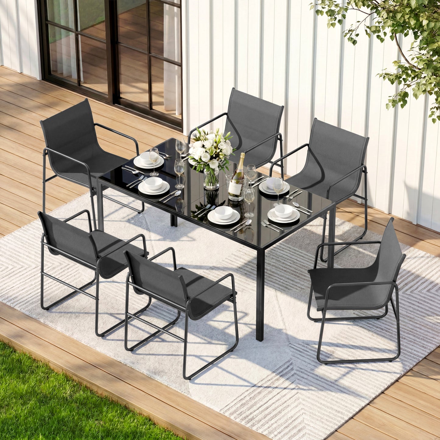 7 Piece Patio Dining Set with Glass Table and 6 Textilene Chairs,Black