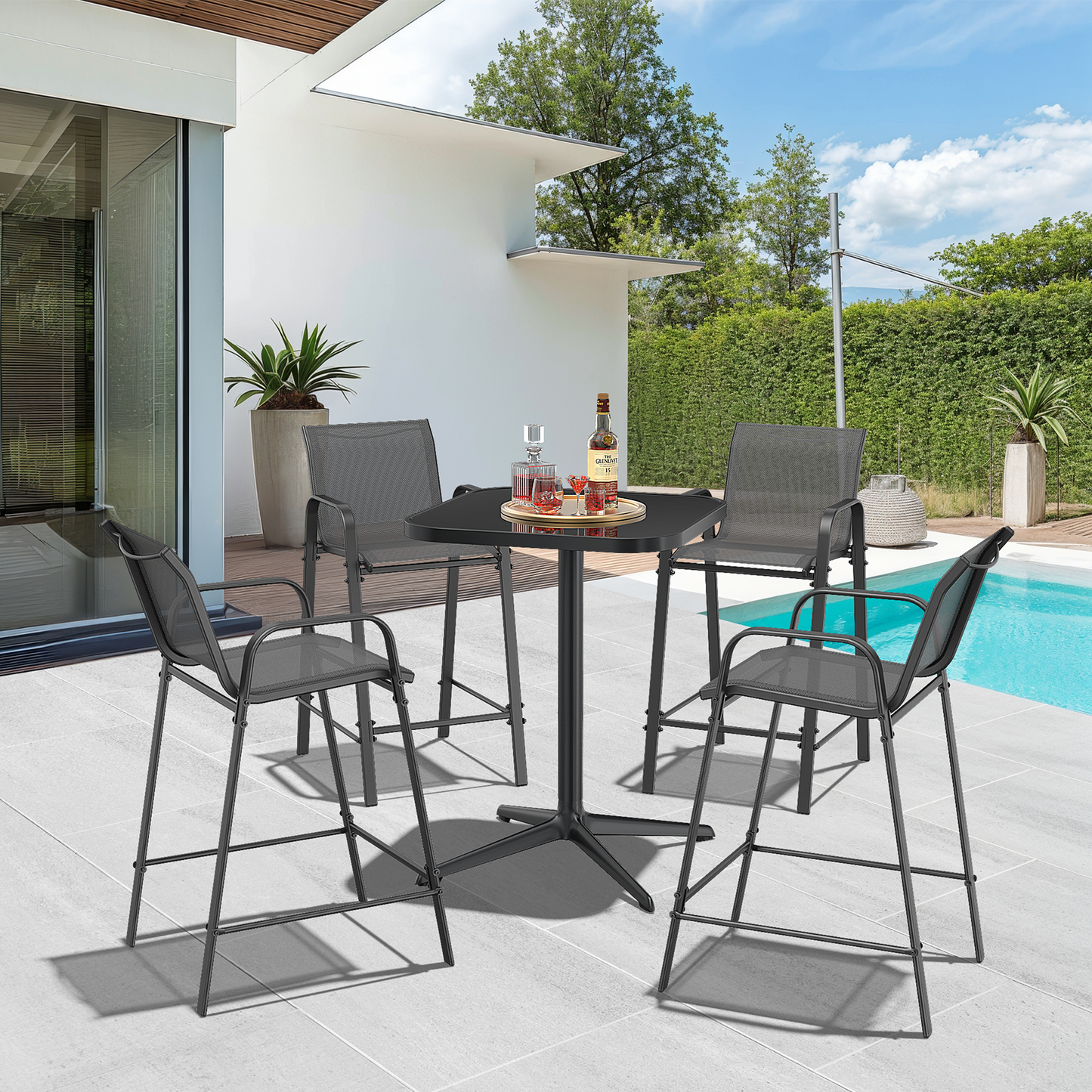 4 Piece Outdoor Textilene Bar Chairs, Bar Height Patio Bar Stools