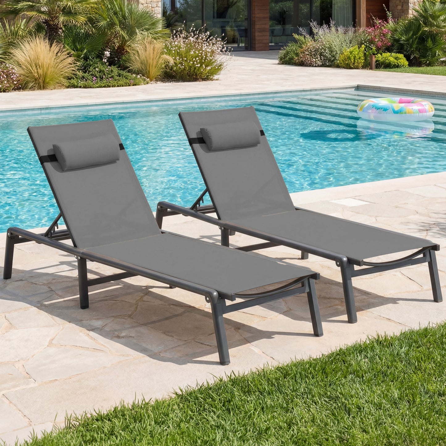 Aluminum Foldable Outdoor Patio Chaise Lounge Chairs Set of 2, Gray